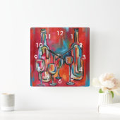 Modern Wine Bottles and Glasses Painting Quadratische Wanduhr (Zuhause)