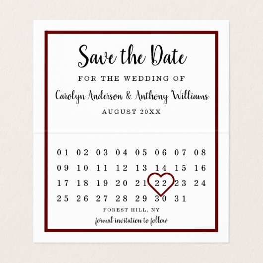 Modern Wine Red Calendar Save the Date Karte (Innenseite Aufgefaltet)