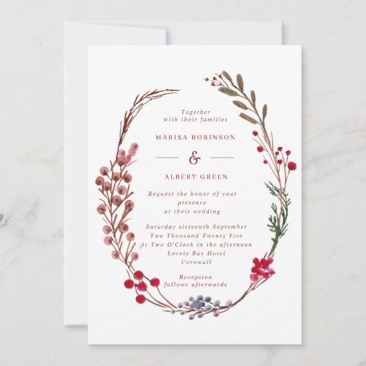 Modern Winter Berries Wreath Wedding Einladung (Vorderseite)