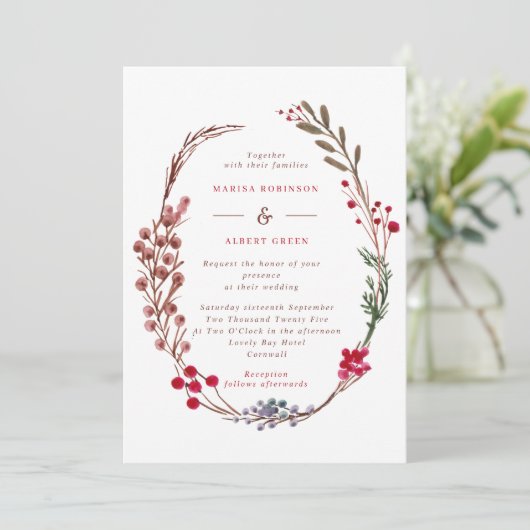Modern Winter Berries Wreath Wedding Einladung (Stehend Vorderseite)