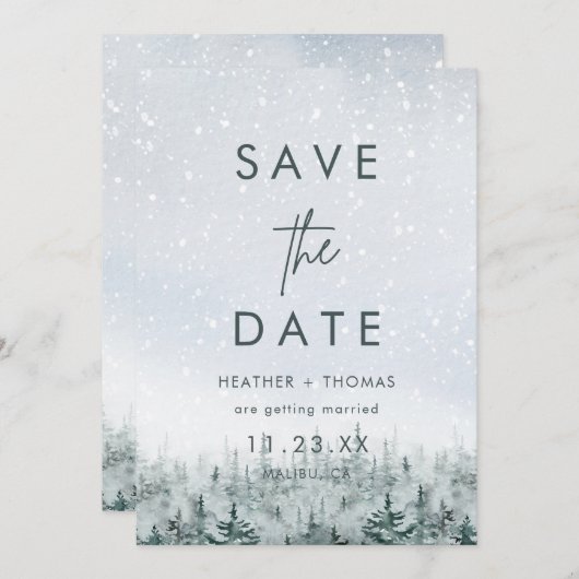 Modern Winter Forest Wedding Save the Date (Vorne/Hinten)