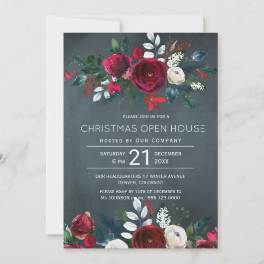 Modern Winter Navy Red Flor Weihnachtshaus Einladung (Vorderseite)