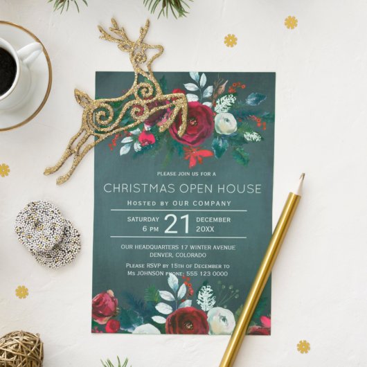 Modern Winter Navy Red Flor Weihnachtshaus Einladung