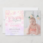 Modern Winter ONEderland Pink Girl 1. Geburtstag Einladung (Vorderseite)