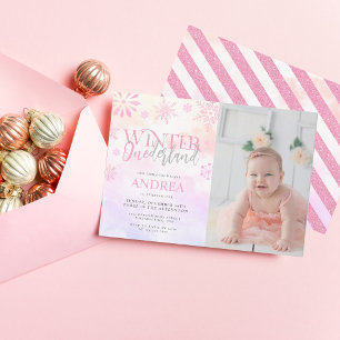 Modern Winter ONEderland Pink Girl 1. Geburtstag Einladung