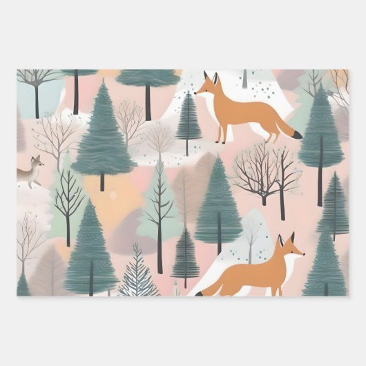 Modern Winter Pastel Snowman Foxes & Trees Grüntön Geschenkpapier Set (Vorderseite 2)