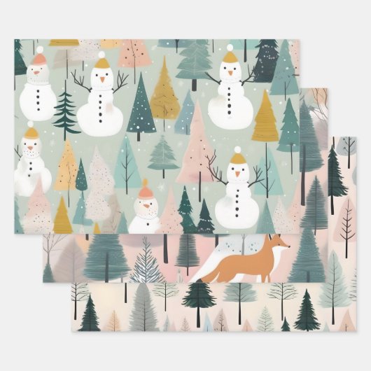 Modern Winter Pastel Snowman Foxes & Trees Grüntön Geschenkpapier Set (Set)