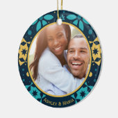 Modern Winter Pattern Blaues Weihnachtsfest Foto Keramik Ornament (Links)