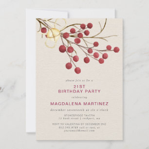 Modern Winter Red Berry 21. Geburtstag Party Einladung