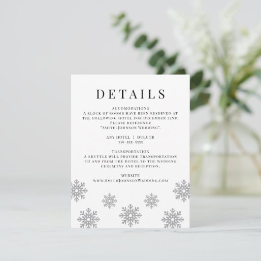 Modern Winter Snowflake Wedding Details Card RSVP Karte (Stehend Vorderseite)