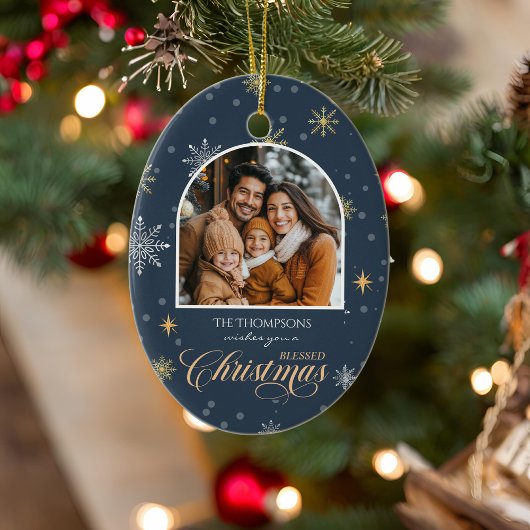 Modern Winter Snowflakes Foto Navy Blue Weihnachte Keramik Ornament