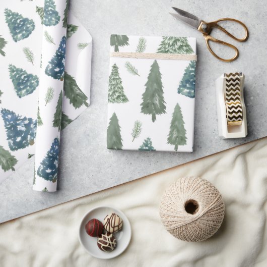 Modern Winter Wasserfarben Pine Green Tree Weihnac Geschenkpapier (Kunsthandwerk)