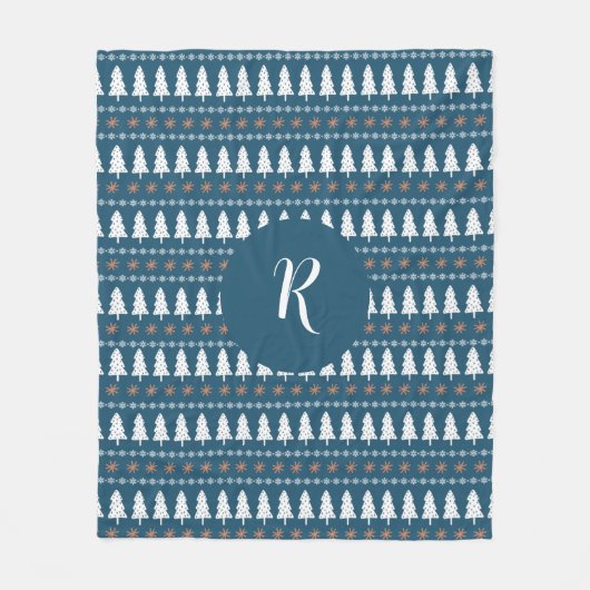 Modern Winter Weihnachtsbaum Muster Monogram Blue Fleecedecke (Vorderseite)
