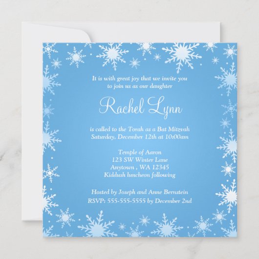 Modern Winter Wonderland Snowflake Bat Mitzvah Einladung (Vorderseite)
