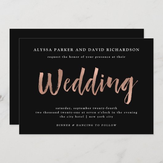 Modern Wish | Imitate Rose Gold auf Black Wedding Einladung (Vorne/Hinten)