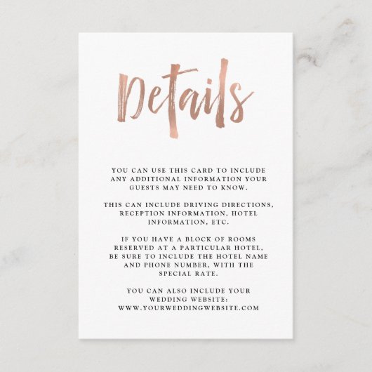 Modern Wish | Imitate Rose Gold Wedding Guest Deta Begleitkarte (Vorderseite)