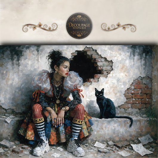 Modern Woman and Black Cat Decoupage Seidenpapier