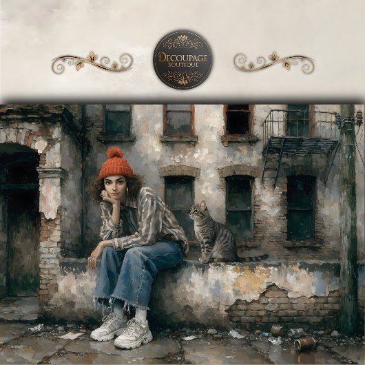 Modern Woman with Cat Urban Decoupage Seidenpapier