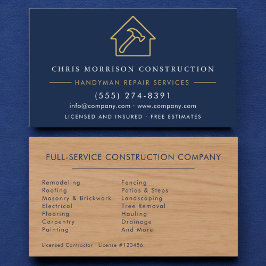 Modern Wood Handyman Navy Blue Gold Construction  Visitenkarte