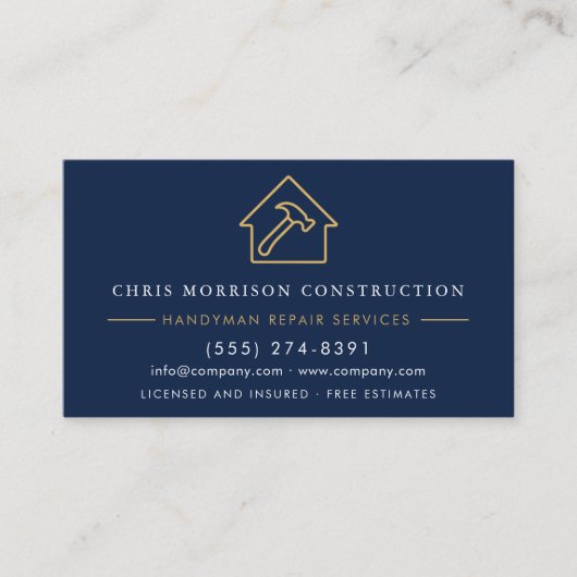 Modern Wood Handyman Navy Blue Gold Construction Visitenkarte (Vorderseite)
