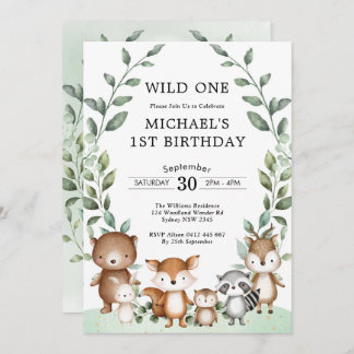 Modern Woodland Animals Wild 1 1. Geburtstag Einladung