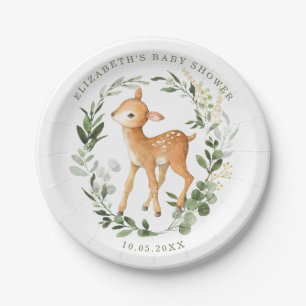 Modern Woodland Baby Deer Watercolor Grüne Gold Pappteller