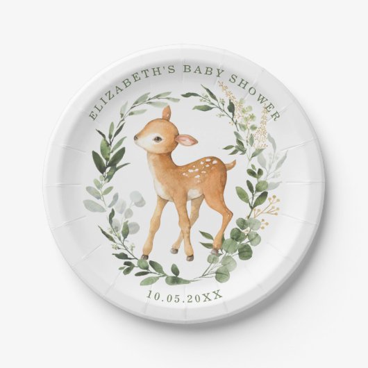Modern Woodland Baby Deer Watercolor Grüne Gold Pappteller (Vorderseite)