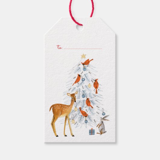 Modern Woodland, blau & rot Tiere, Baum & Vögel Geschenkanhänger (Vorderseite)