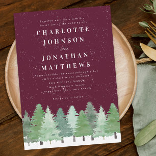 Modern Woodland Forest Burgund Winter Wedding Einladung