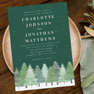 Modern Woodland Forest Green Winter Wedding Einladung