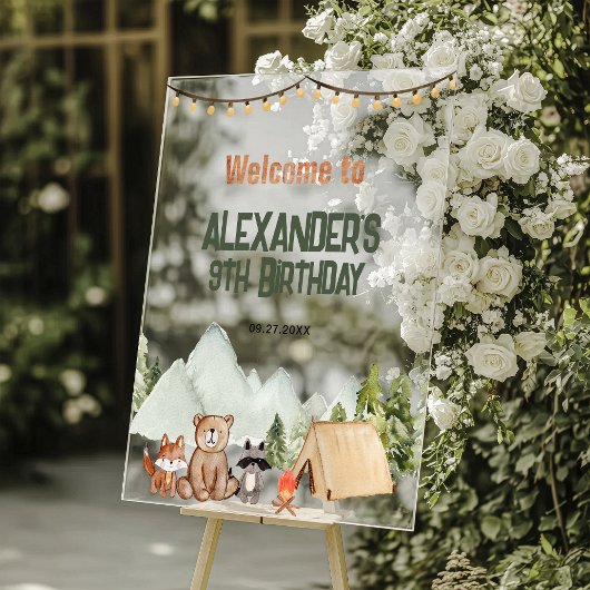 Modern Woodland Happy Camper Camping Kindergeburts Acrylschild