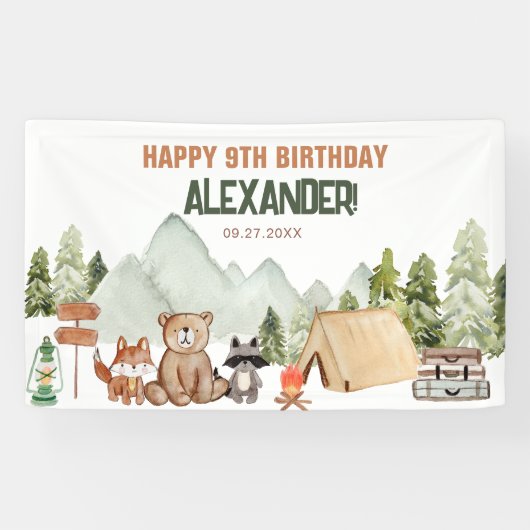 Modern Woodland Happy Camper Camping Kindergeburts Banner (Horizontal)