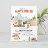 Modern Woodland Happy Camper Camping Kindergeburts Einladung (Stehend Vorderseite)