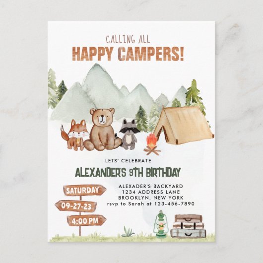 Modern Woodland Happy Camper Camping Kindergeburts Postkarte (Vorderseite)