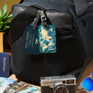 Modern World Traveller Map Glitzer Mit Monogramm N Gepäckanhänger