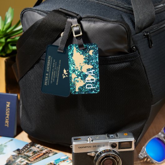 Modern World Traveller Map Glitzer Mit Monogramm N Gepäckanhänger (Vorderseite & Rückseite)