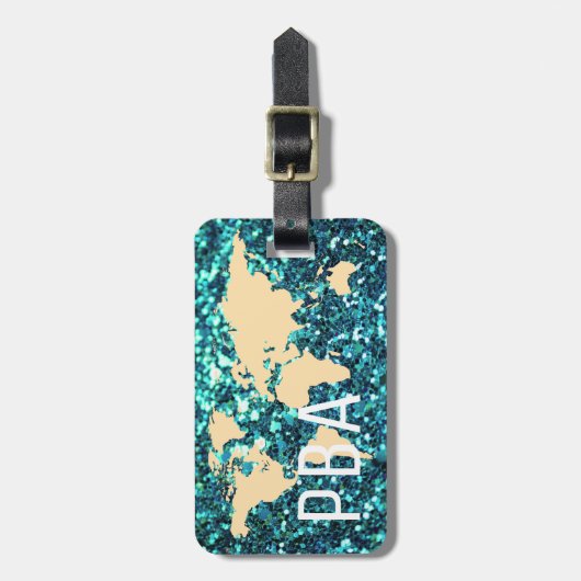 Modern World Traveller Map Glitzer Mit Monogramm N Gepäckanhänger (Vorderseite vertikal)
