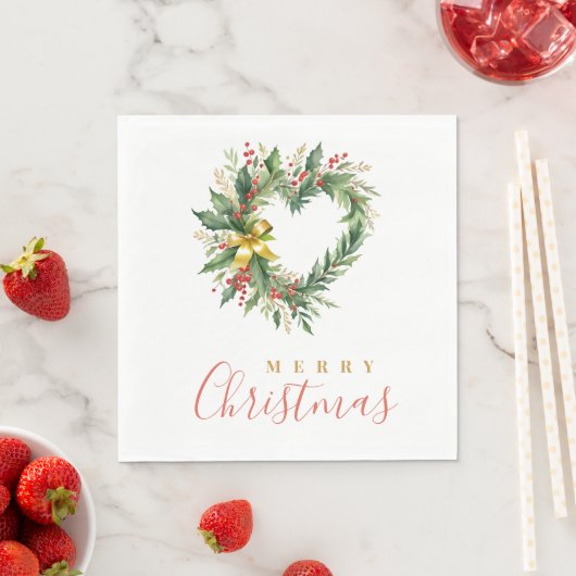 Modern Wreath Heart-Shape Merry Christmas Script Serviette (Beispiel)
