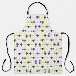 Modern Yellow Bee Pattern Elegant Black Monogram Schürze