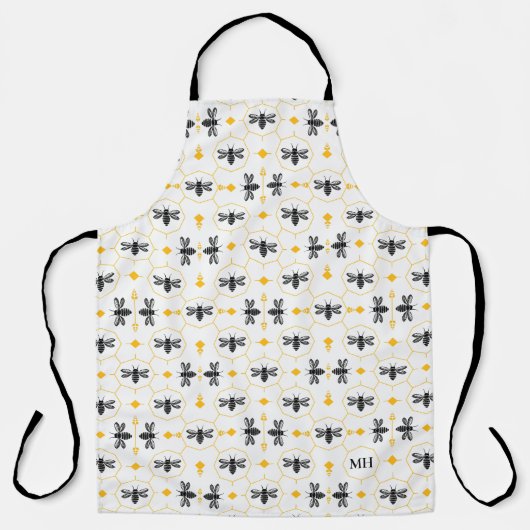 Modern Yellow Bee Pattern Elegant Black Monogram Schürze (Vorderseite)