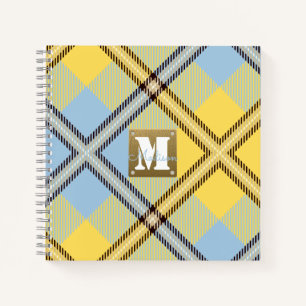 Modern Yellow Blue Kariert Tartan Leder Monogramm Notizblock