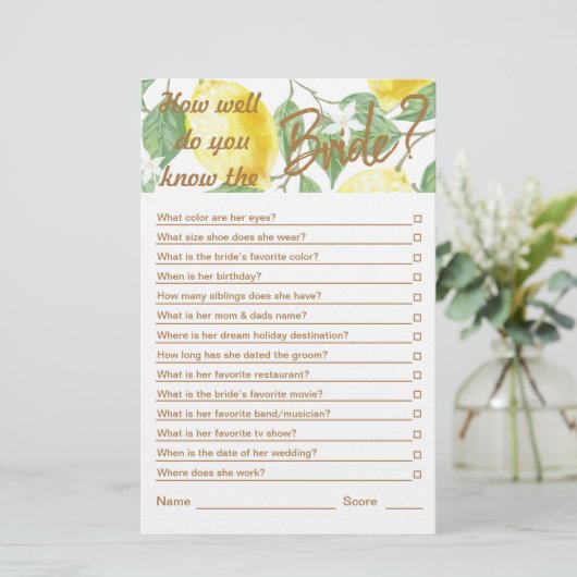 Modern Yellow Green Lemon Brautparty Game (Stehend Vorderseite)