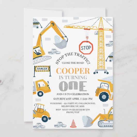 Modern Yellow Grey Construction 1st Birthday Einladung (Vorderseite)