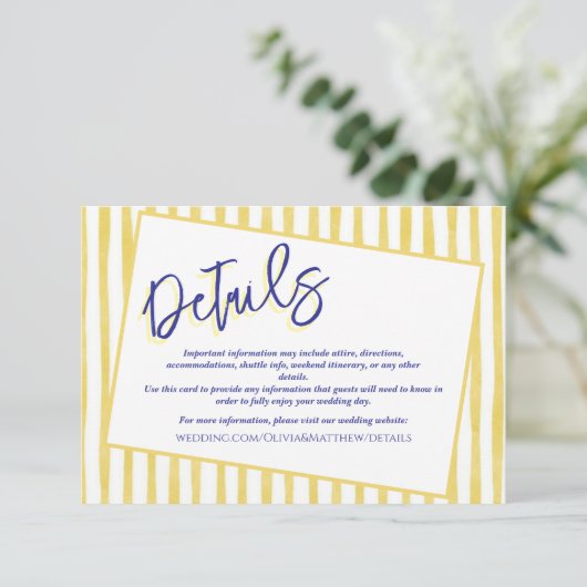 Modern Yellow Hand Written Pinstripe Italy Wedding Begleitkarte (Stehend Vorderseite)