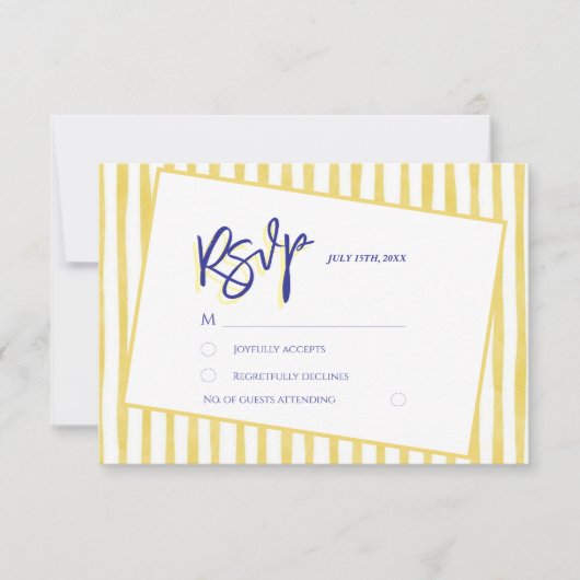 Modern Yellow Hand Written Pinstripe Italy Wedding RSVP Karte (Vorderseite)