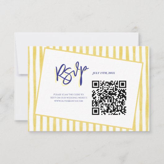 Modern Yellow Hand Written Stripe QR Code Wedding RSVP Karte (Vorderseite)