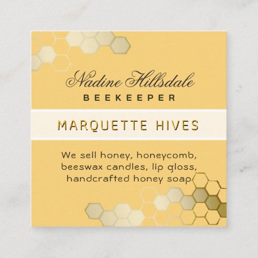 Modern Yellow Hexagon Gold Border Honey Apiary Quadratische Visitenkarte (Rückseite)