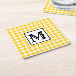Modern Yellow Kariert Monogram Rechteckiger Pappuntersetzer