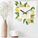 Modern Yellow Lemons Frame & Leaves With Name Quadratische Wanduhr<br><div class="desc">Modern Yellow Lemons Frame & Leaves With Name</div>