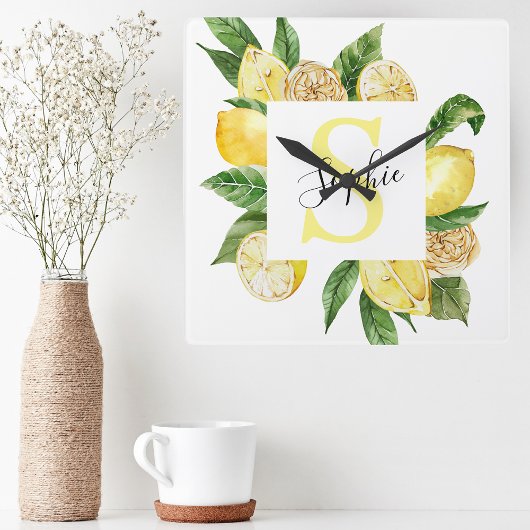 Modern Yellow Lemons Frame & Leaves With Name Quadratische Wanduhr